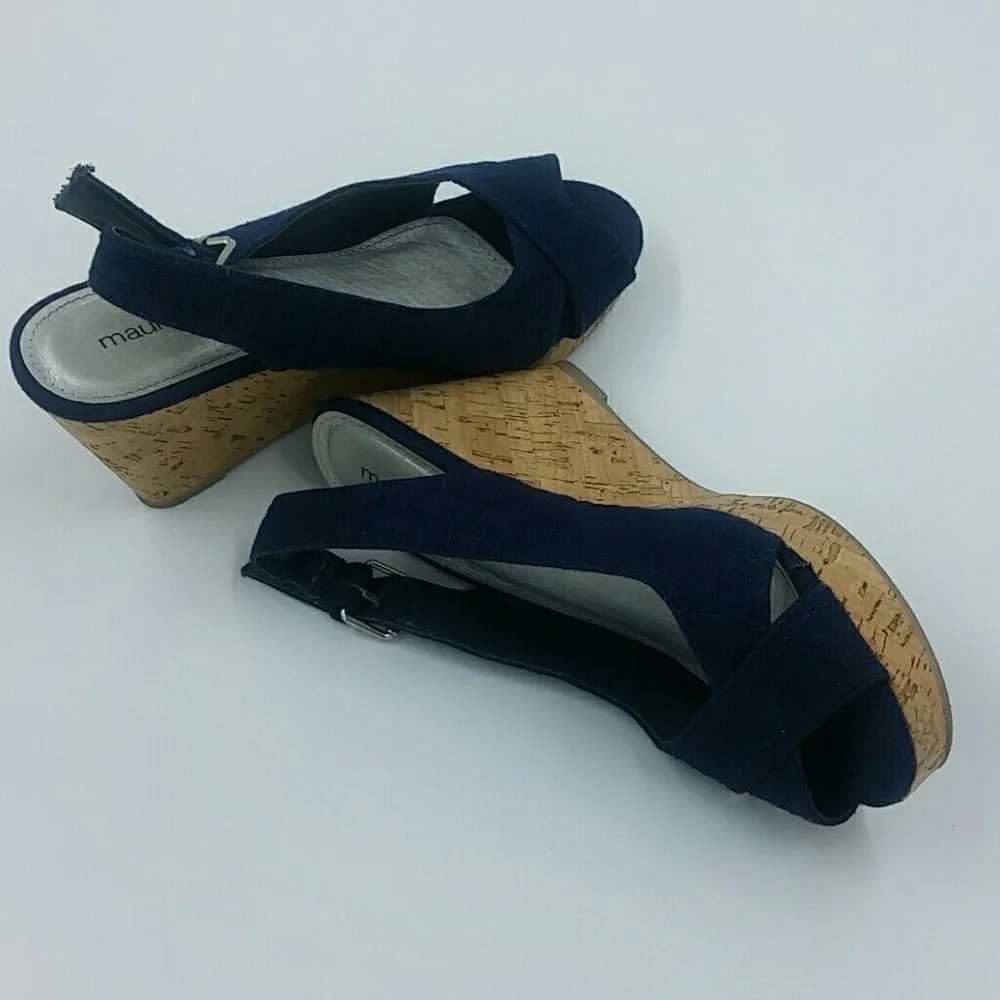 MAURICES l Navy Canvas Cork Peep Toe Wedge